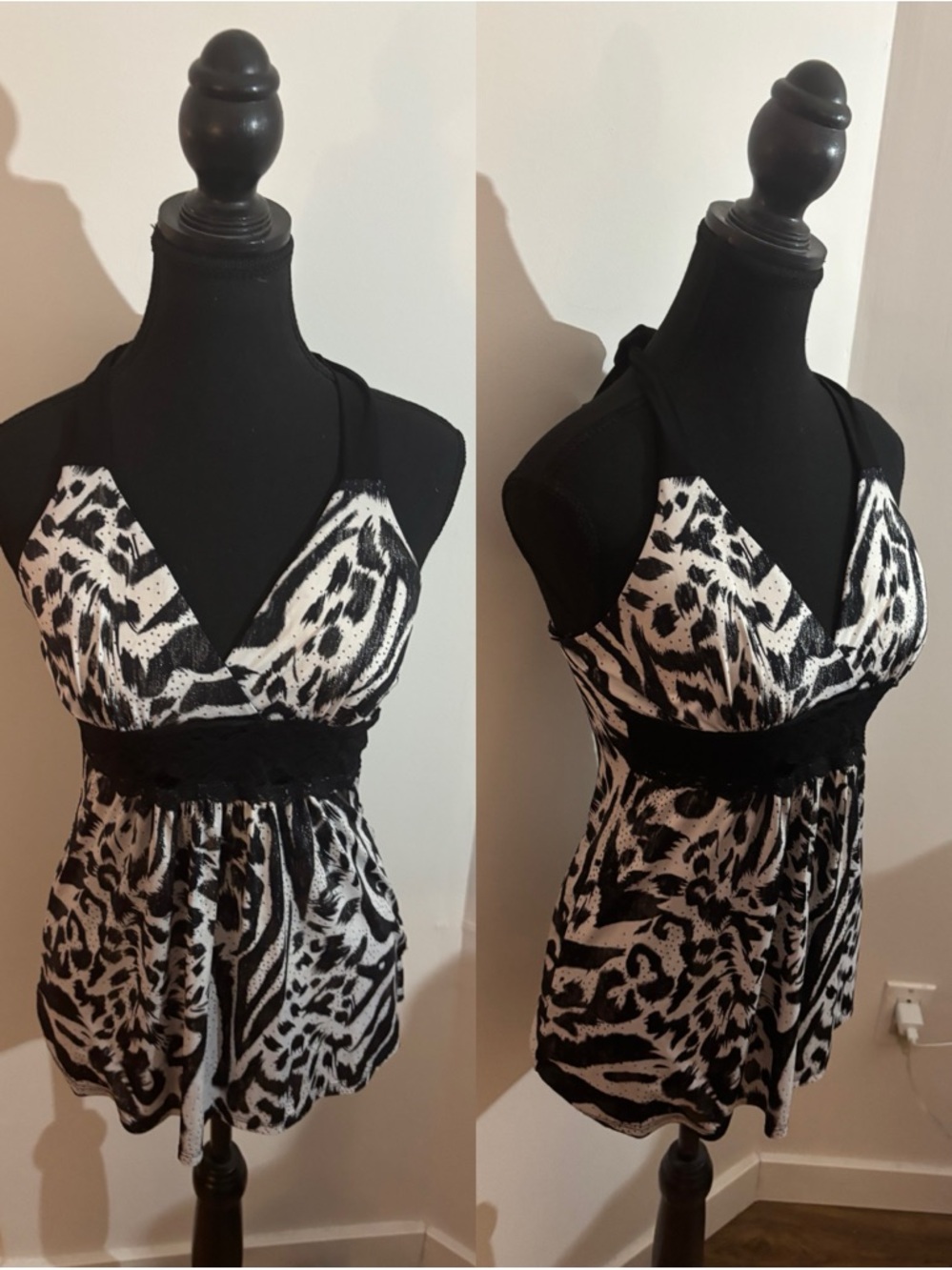 Black and White Animal Print V-Neck Women's Tank Top